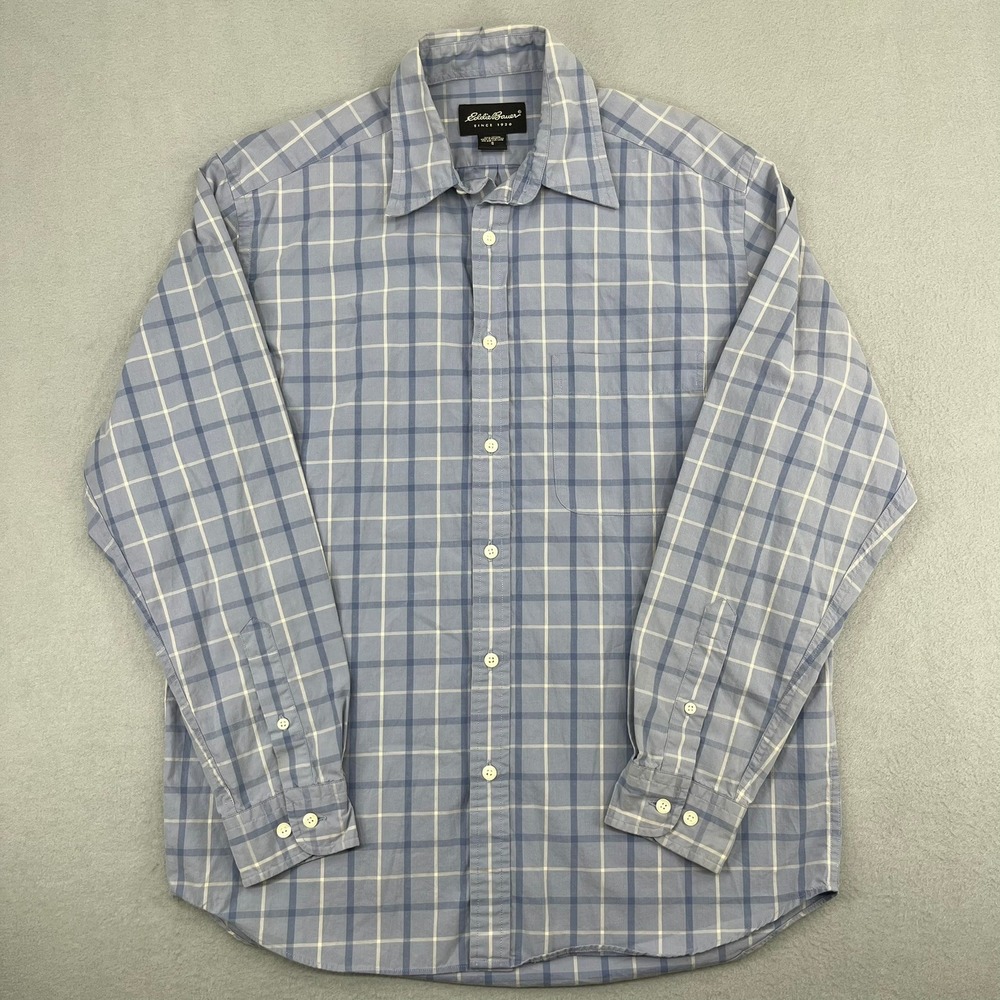 Eddie Bauer Mens Small Blue White Plaid Long Sleeve Cotton‎ Button Down Shirt